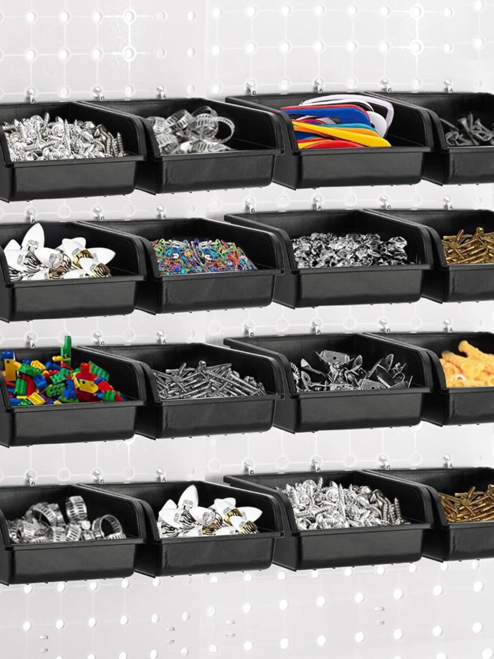 16 Pack Pegboard Bins with Metal Hooks, Black Garage Workbench Bins Cups Peg Boa